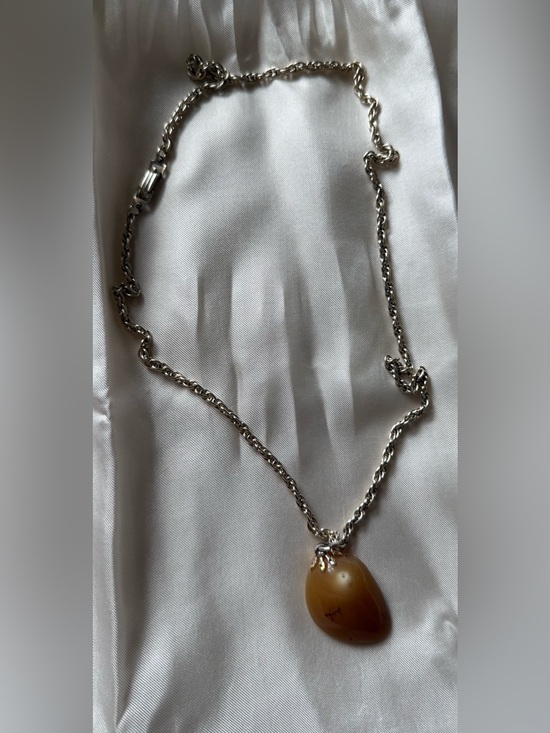 None Jewelry - Silver Chain Necklace with Brown Agate Pendant